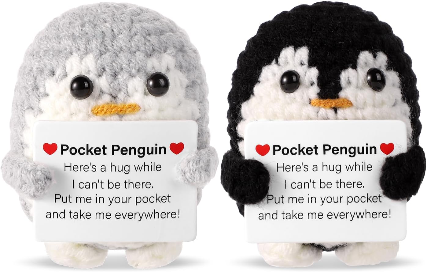 TOYMIS 2pcs Mini Penguin Cute Crochet Doll Ornament - Knitted Penguin Toy with Positive Card for Decoration, Friends, Family, Birthday Party Gift (Gray, Black)