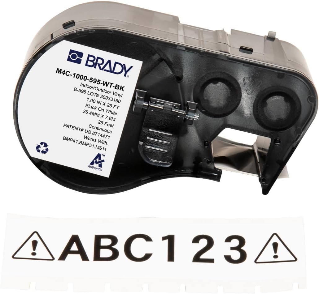 Brady Authentic (M4C-1000-595-WT-BK) All-Weather Vinyl Labels 1 in W x 25ft Black on White. for use with BMP41, BMP51, M410, M510, and M511 Label Printers.