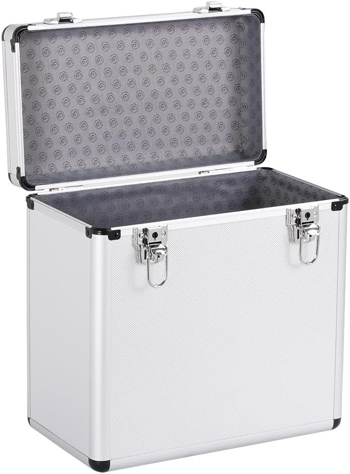 Yaheetech Vinyl LP Storage Box Case, Aluminum 12'' Record Storage Case 50 LPs DJ Flight Storage Box Holds 50pcs Albums, Silver