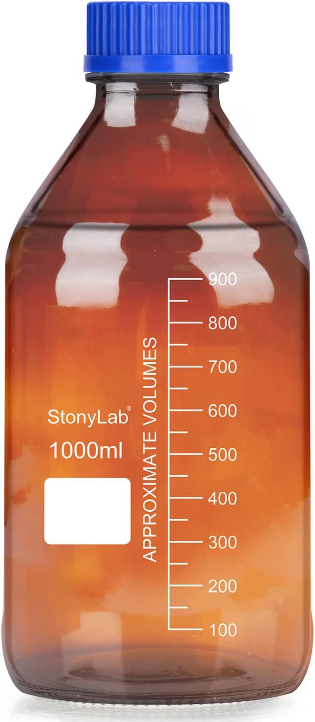 stonylab Amber Glass Graduated Round Media Storage Bottles with GL45 Screw Cap, 1000 ml, 1 Pack