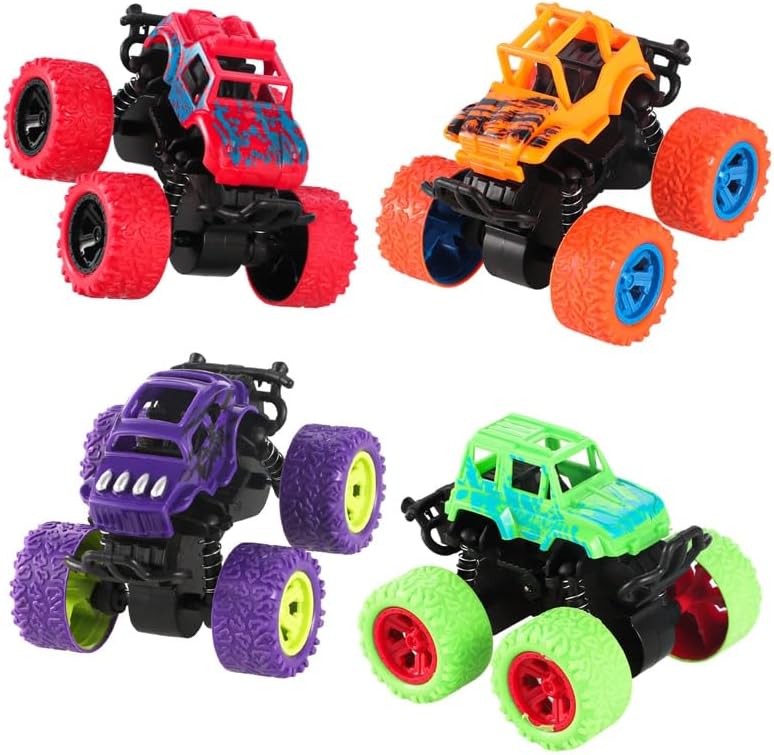 FANTESI 4 Pack Monster Truck Toys, Monster Trucks for Boys, Inertia Powered Toy Cars Pull Back Trucks, Toy Trucks with Shock Springs and Big Tires, Birthday for 3/4/5 Years Kids Boys Girls