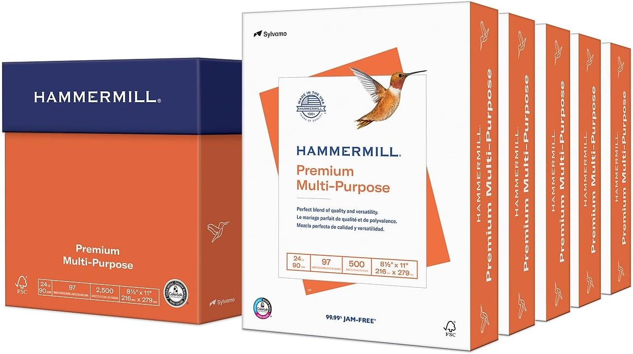 Hammermill Printer Paper, Premium Multipurpose Paper 24 lb, 8.5 x 11 - 5 Ream (2,500 Sheets) - 97 Bright, Made in the USA, 105810C
