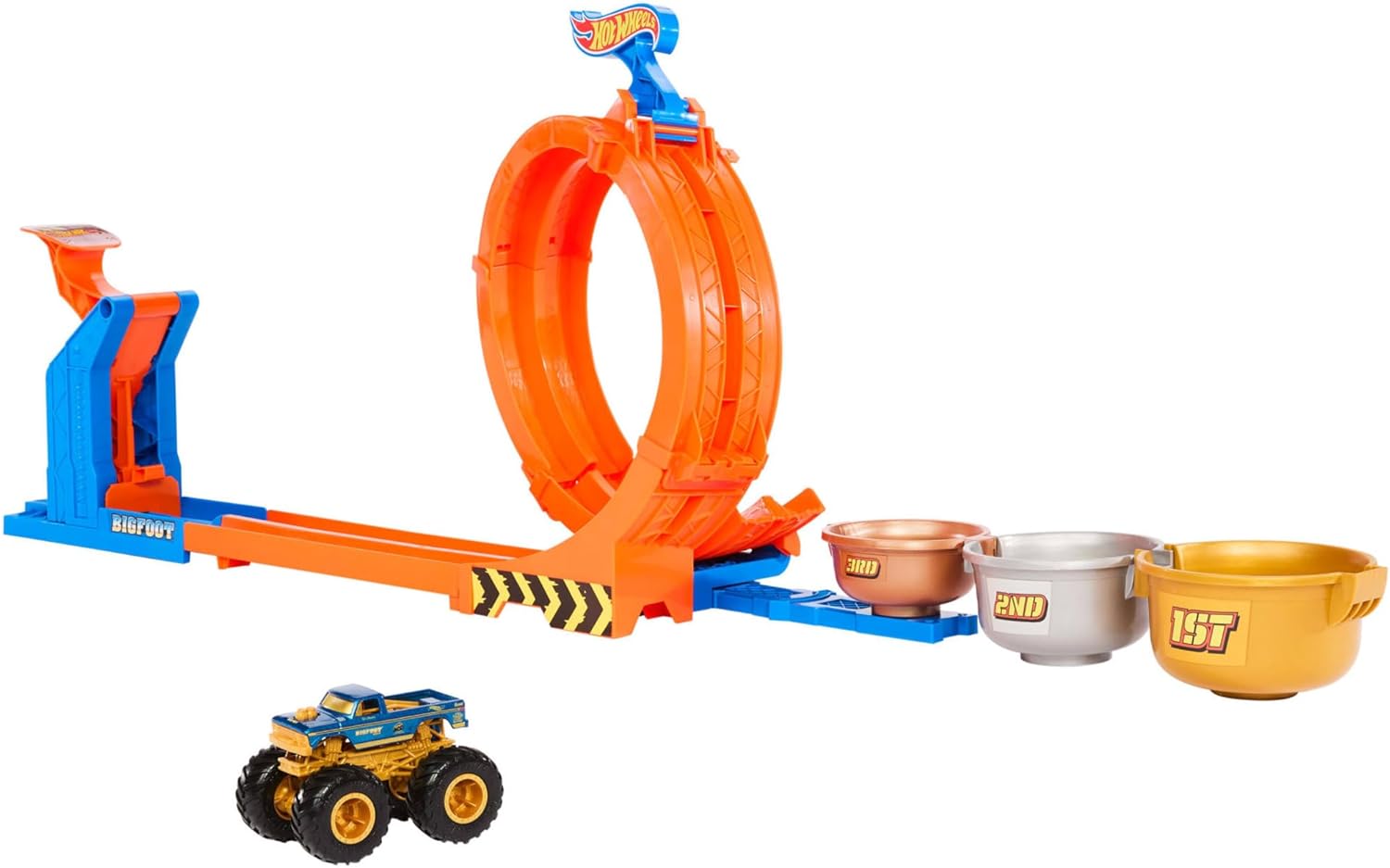 Hot Wheels Monster Trucks Toy Truck & Track Set, Loop-And-Flip Trophy Challenge Playset & 1:64 Scale 50th Anniversary Die-Cast Bigfoot, 2 Ways to Play, JBX64