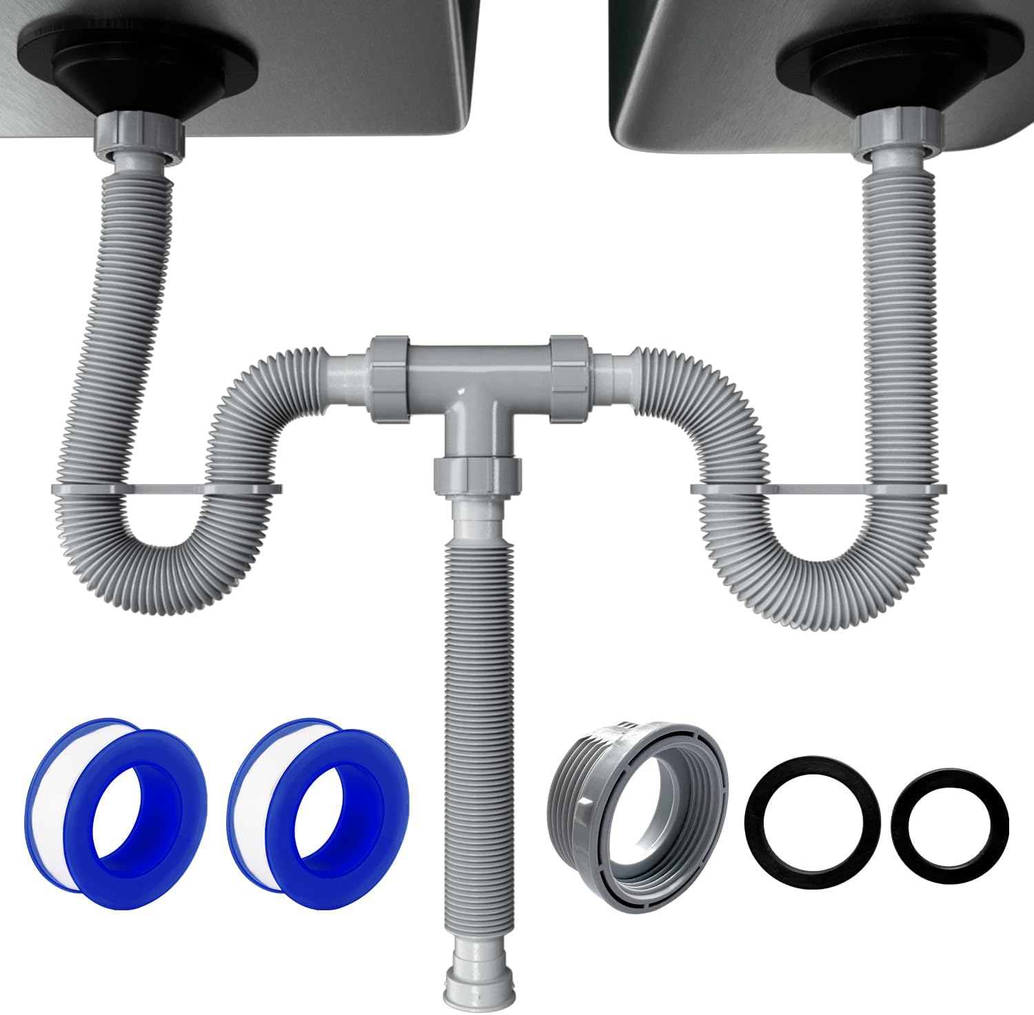 VIVIDA Flexible 1-1/2 in Drain Pipe, Expandable 11"-31.5", Double Bowl Sink Drain Kit, 1-1/4" Adapter, Gray, 1 Pack