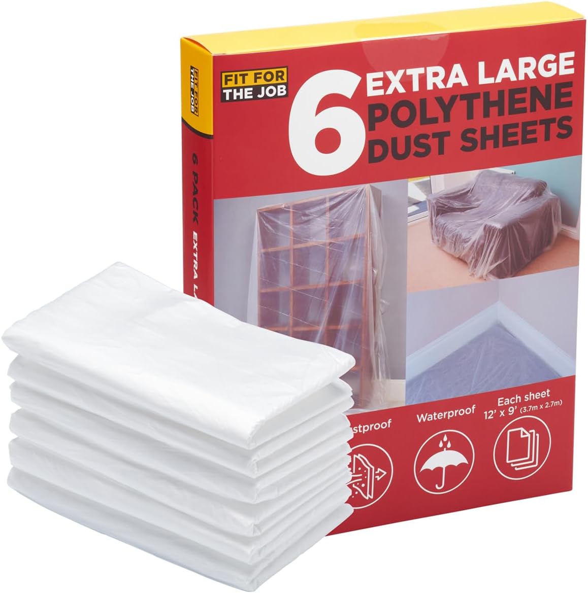 Fit For The Job 6 pack 12ft x 9ft (3.6m x 2.7m) Total 650 sqft Polythene Dust Sheets for Decorating Polythene Drop Cloth Dustproof & Waterproof for Protecting Floors & Furniture When Painting