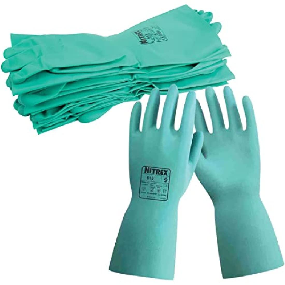 Nitrex 613 Chemical Resistant Safety Gloves, Bag of 10 Pairs, Size 6 - Flock Lined Nitrile Chemical Resistant Gauntlet Gloves