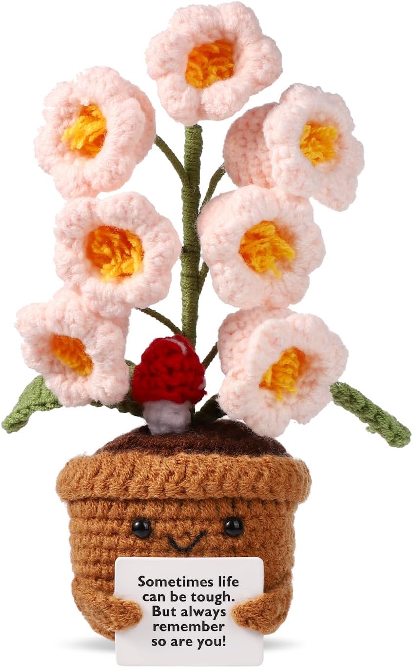 Positive Flower, Positive Support Crochet Flower Knitted Plant Positive Flower Pot Crochet Plant Wool Crochet Doll Knitted Wool Doll Cheer up Gifts for Party Decoration