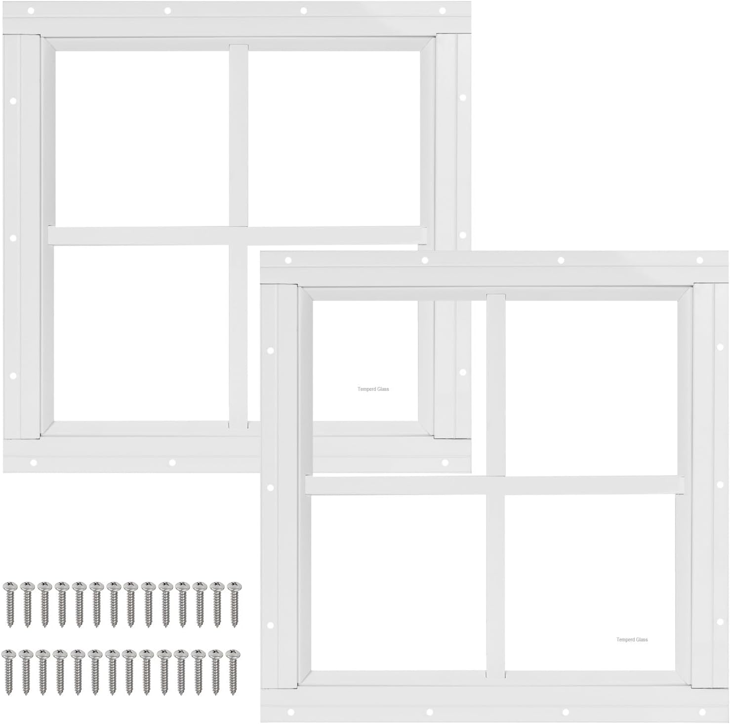 2 Pack 12" x 12" White Shed Window with Tempered Glass Household Windows with Screws for Shed, Chicken Coop, Playhouse, Garage and Barns(No Screen)