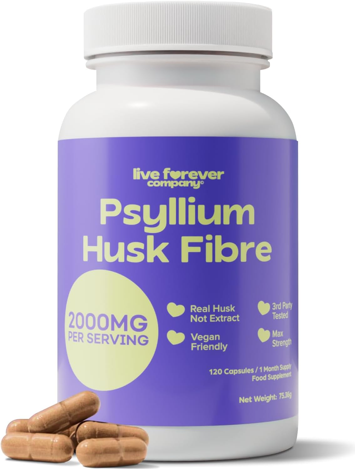 Psyllium Husk 2000MG - Whole, No Extract - Premium Psyllium Husks Fibre Supplement - Natural Soluble Fiber for Gut Health - Physillan Husk Supplement for Digestion Support and Appetite Control