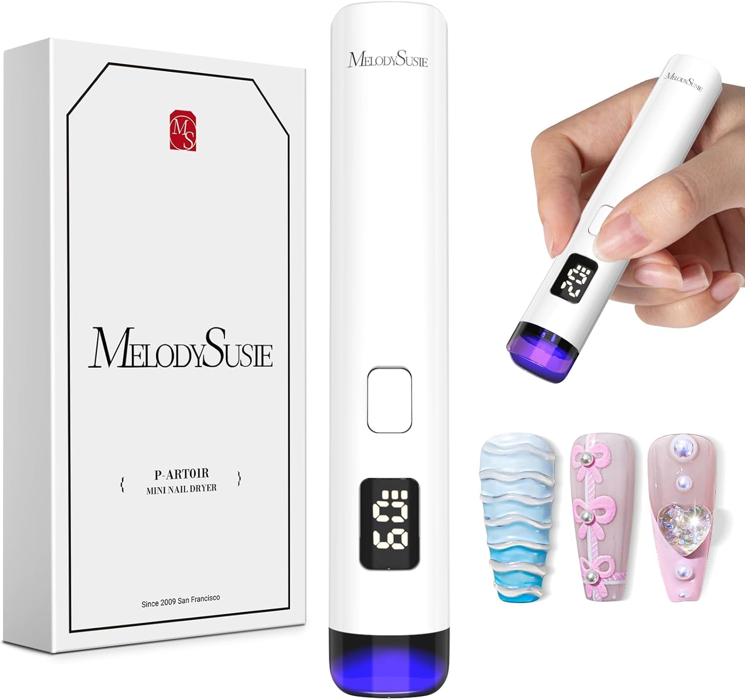 Melodysusie Handheld UV Light for Gel Nails, ART01R Cordless Gel X Nail Lamp Rechargeable with LCD Display, Eye-Protective Cover Flash Cure Nail Dryer for Rhinestone Glue Decoration DIY at Home