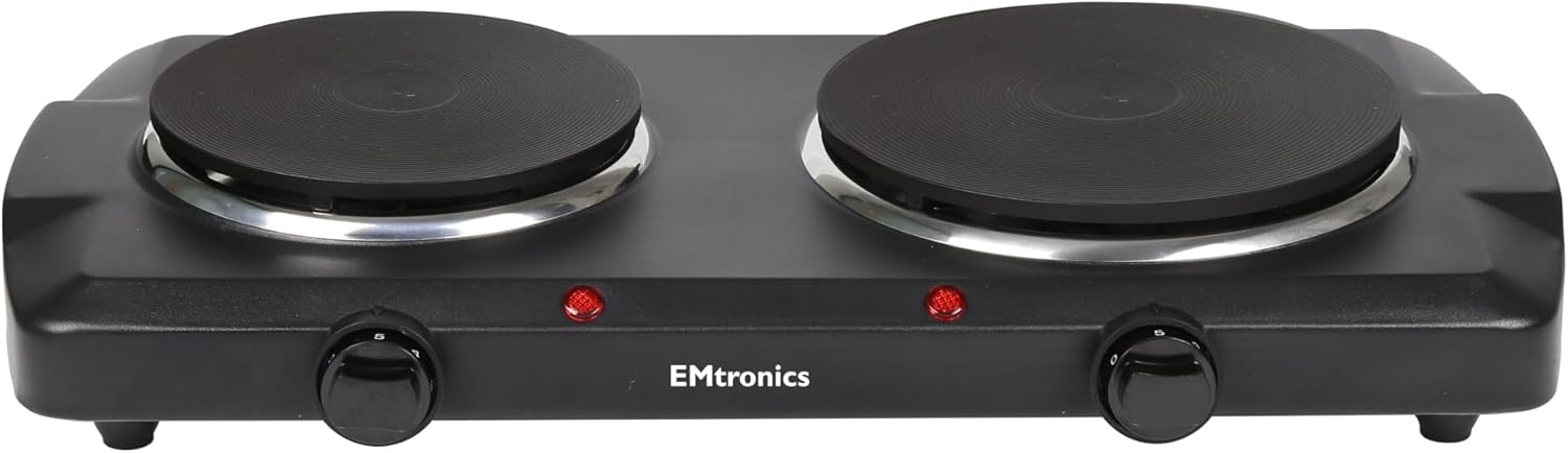 EMtronics 2500W Portable Hob with Double Hotplates and Thermostat Control, Mini Hot Plate Hob Stove, Adjustable Temperature, 155mm and 185mm Dual System - Black