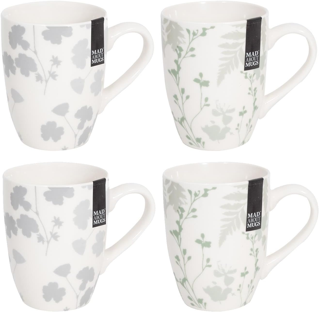 Set of 4 Floral New Bone China Coffee Mugs Afternoon Tea Cups Home Kitchen Grey Green Stencil Design Mug Set
