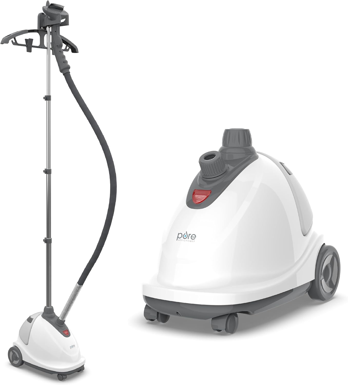 Pure Enrichment PureSteam XL Standing Fabric Steamer - Professional Wrinkle Remover Heats in 45 Seconds; 1/2-Gallon Tank for 1 Hour of Steaming; Easy-Roll Wheels, Garment Hanger, & Fabric Brush