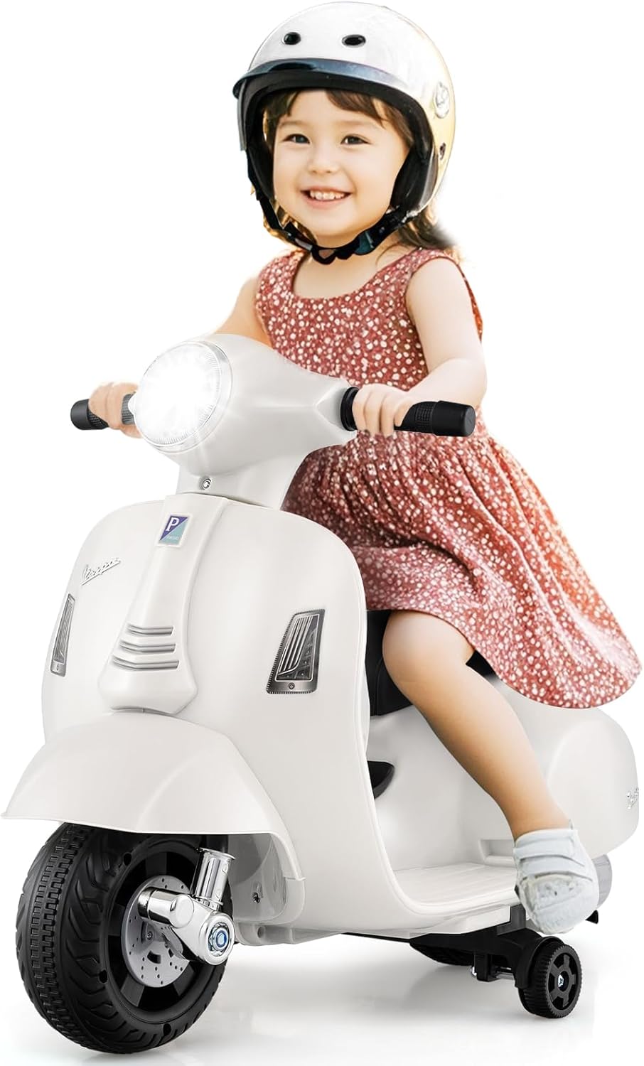Licensed Vespa Kids Motorcycle by INFANS, 6V Battery Powered Motorbike for Toddlers with Training Wheels, Horn, LED Lights, Electric Ride on Toys for Boys Girls Aged 18-36 Months (White)