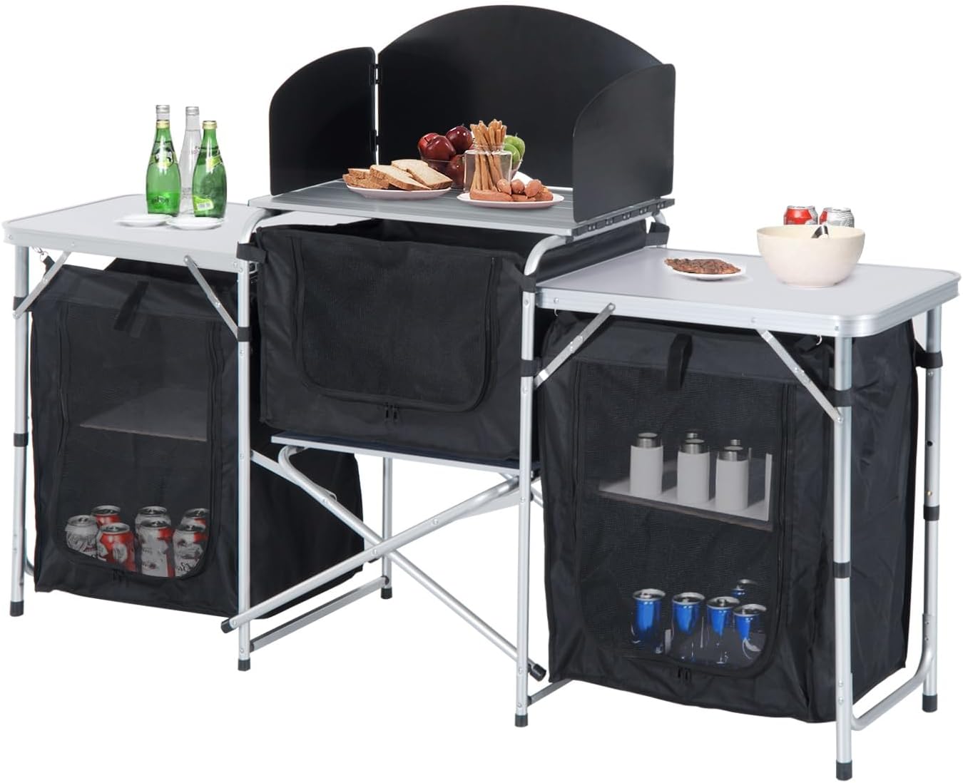 Outsunny Portable Camping Kitchen with Aluminium Frame, Fold-Up Cooking Table With Windscreen and 3 Enclosed Cupboards for BBQ, Party, Picnic, Black