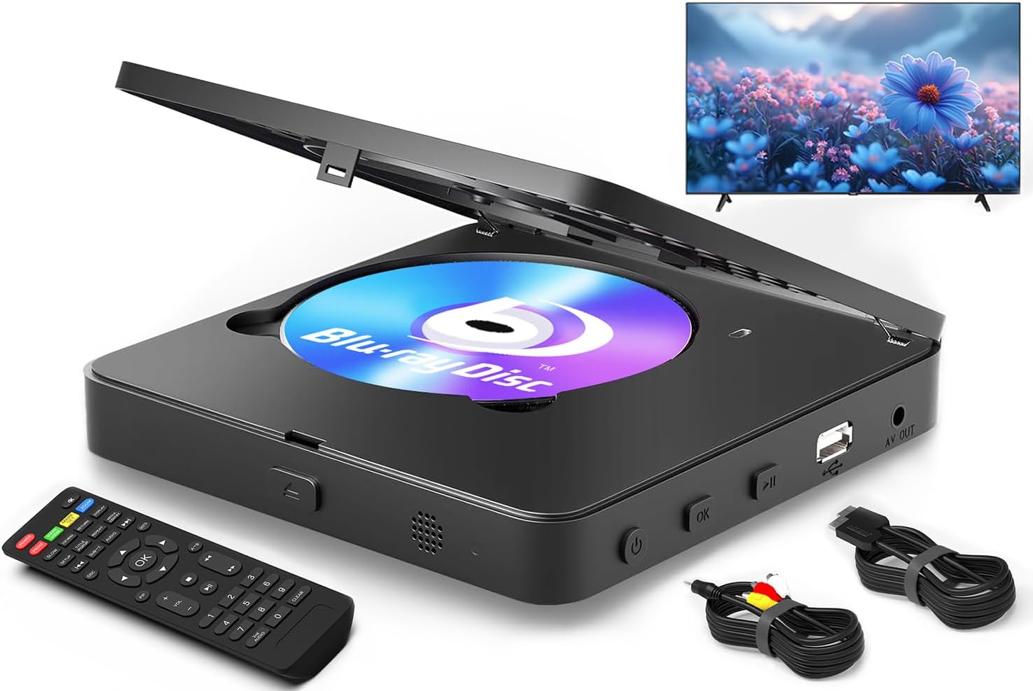 Blu Ray Player 1080P Blu-ray Disc Player for Home Cinema, Dolby Audio/DTS, Plays All DVDs and Region A 1 Blu Rays, Supports 128GB USB Stick, with HDMI and AV Output Connection Cable, NTSC US Standard