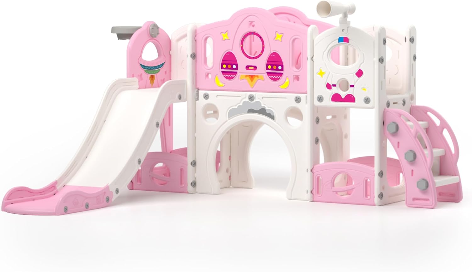 9 in 1 Toddler Slide and Climber Playset Freestanding Backyard Playground for Children Age 1-4, Indoor Outdoor Kids Slide with Basketball Hoop,Telescope, Ring-toss and Storage Space