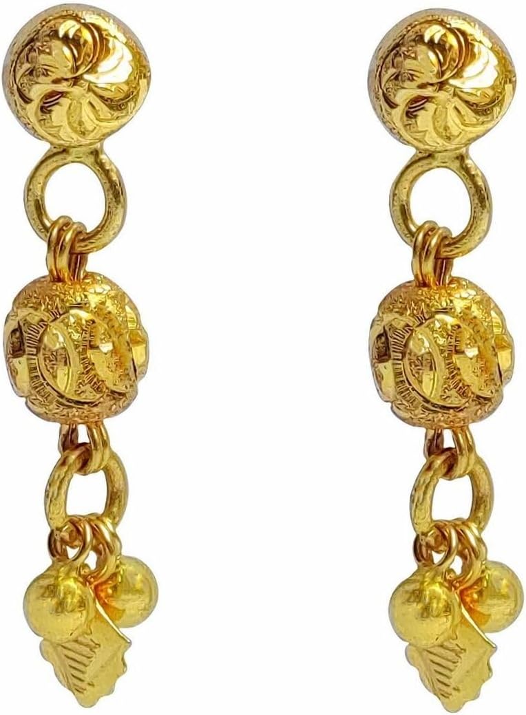 22K/18K Real Certified Fine Yellow Gold Carved Leaf Ball Earrings