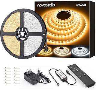 NOVOSTELLA 20ft Tunable White LED Strip Light Kit Dimmable 3000K-6500K 24V Tape Light with RF Remote Flexible Rope LED Ribbon for Bedroom Home Lighting Mirror Kitchen Bar Cabinet Daylight Warm White