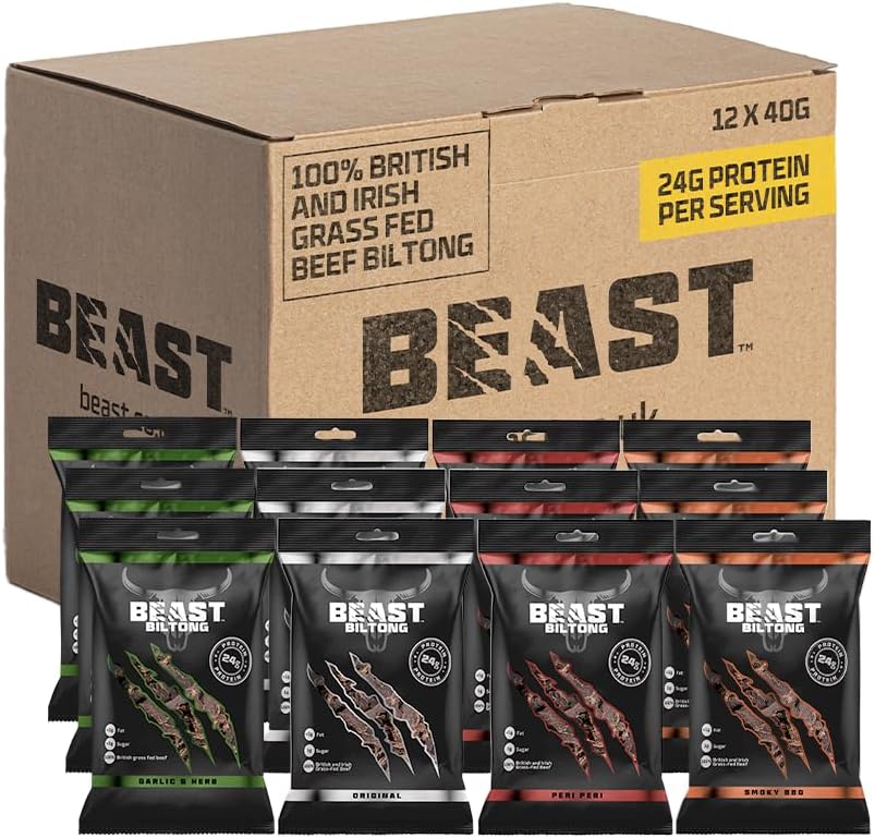 Beast Pharm | Biltong Beef Snacks 12 Pack, 24g Protein per 40g Bag, 4 Assorted Flavours