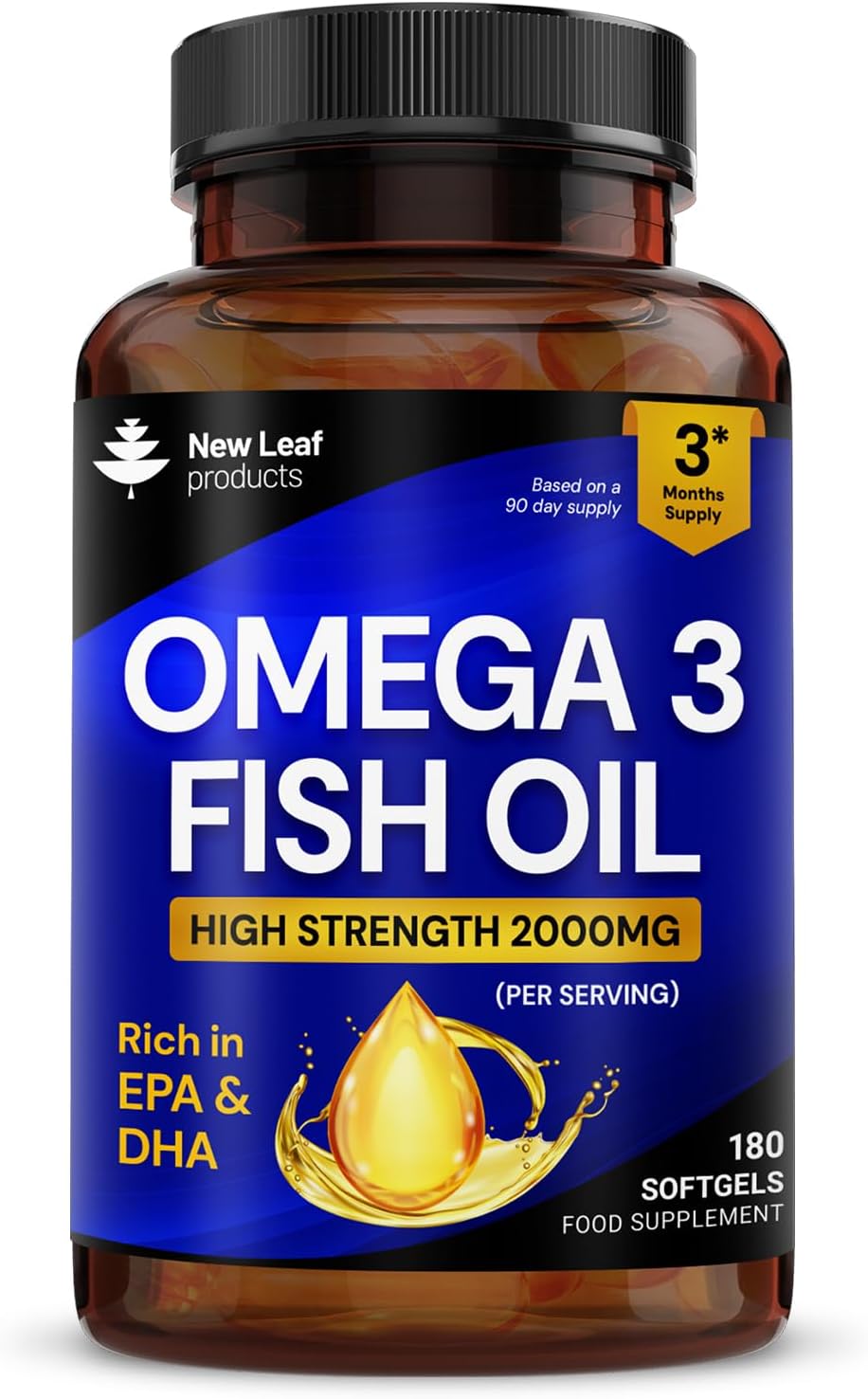 Omega 3 2000mg Capsules - High Dose Fish Oil - Enriched with Vitamin E - Two A Day Pure Fish Oil Gel Capsules - Helps Maintain Healthy Eyes, Brain Function, & Skin - GMO-Free, GMP, & UK Made