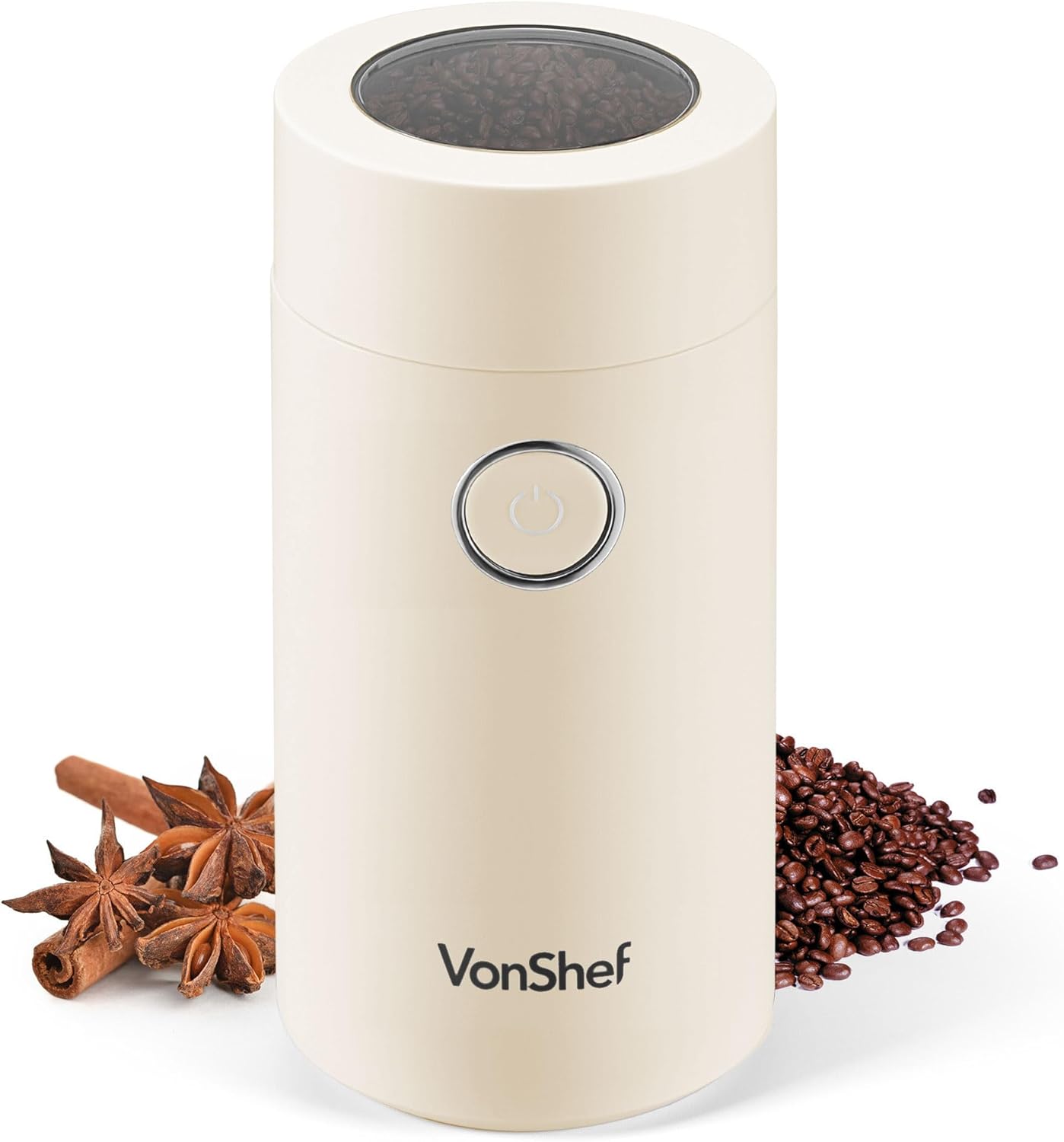 VonShef Electric Coffee & Spice Grinder, for Espresso Beans, Nuts & Grains - Bean & Spices Chopper with Powerful Motor and Tough Stainless Steel Blades, Grind up to 60g / 4 Cup Capacity - Cream 150W