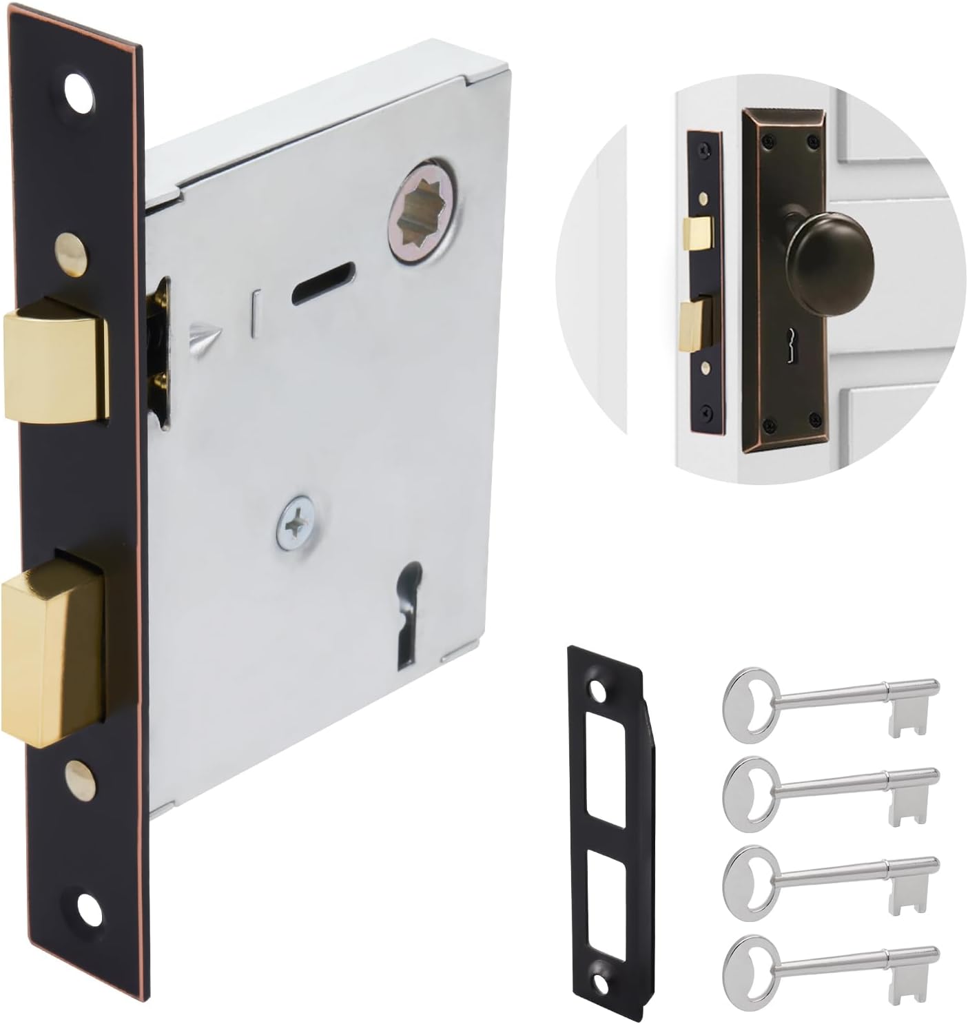Old Mortise Lock Replacement Parts Vintage Style Mortise Lock Set for Interior Doors, Oil Rubbed Bronze Plated Finish, Reversible Latch Bolt, Antique Skeleton Keys