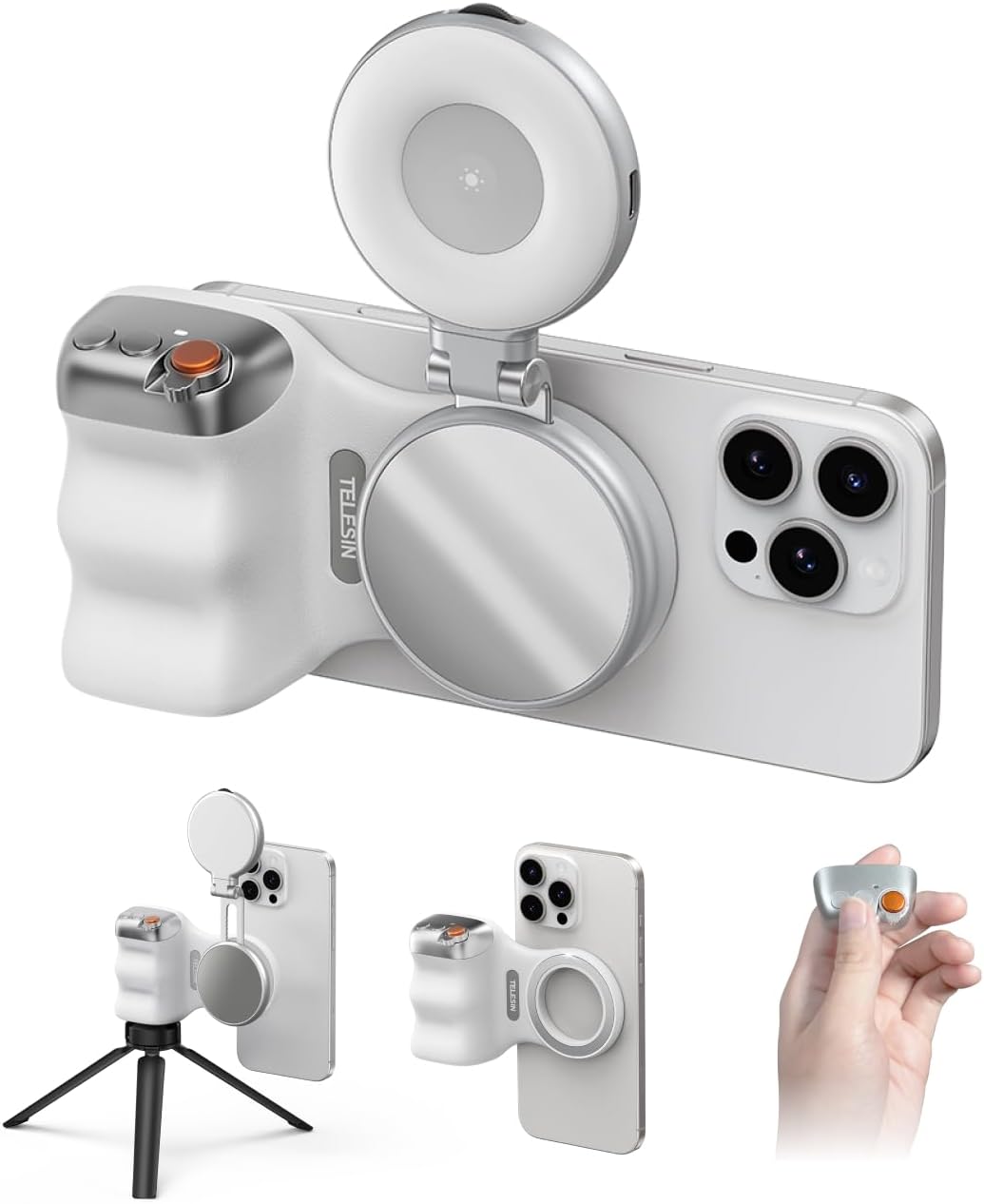 TELESIN Fun Shot Magnetic Phone Camera Grip + C03 Magnetic Selfie Light (Silver) Bundle Kit Compatible with iPhone Magsafe & Android, Creator Kit for Selfies/Photography/TikTok/Zoom Calls/Video