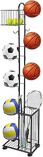 7 Tier Ball Storage, Garage Sports Equipment Organizer with Basket&Hooks, Ball Holder Ball Rack for Basketballs Footballs Volleyball , Indoor/Outdoor Ball Storage Rack, Easy to Assemble, Black, Steel
