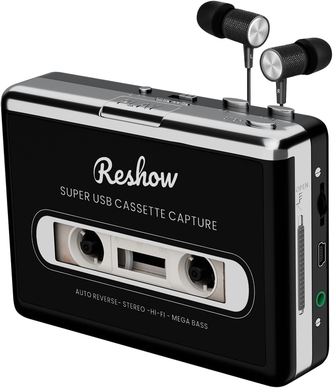 Reshow Cassette Tape Player, Portable Tape Player Audio Cassette to Digital Converter, Convert Cassette Tape Recorder to iPod Format Compatible with Laptops and Personal Computers - Black
