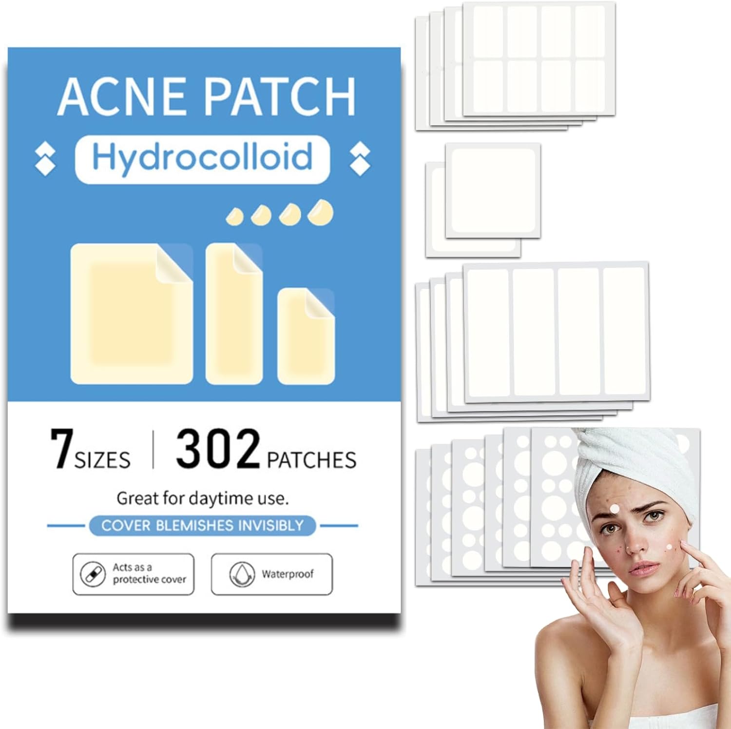 302pcs Large Pimple Patches - 7 Sizes Acne Patches - Hydrocolloid Bandages for Face - Spot Patches Pimple Stickers for Chin & Forehead Breakouts - Acne Treatment Suitable for All Skin Types