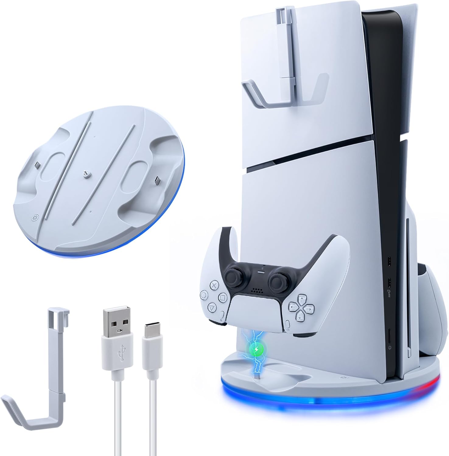 Mcbazel Vertical Stand with PS5 Controller Charger for PS5 Slim Disc & Digital Console, Base Stand with LED/Headset Holder