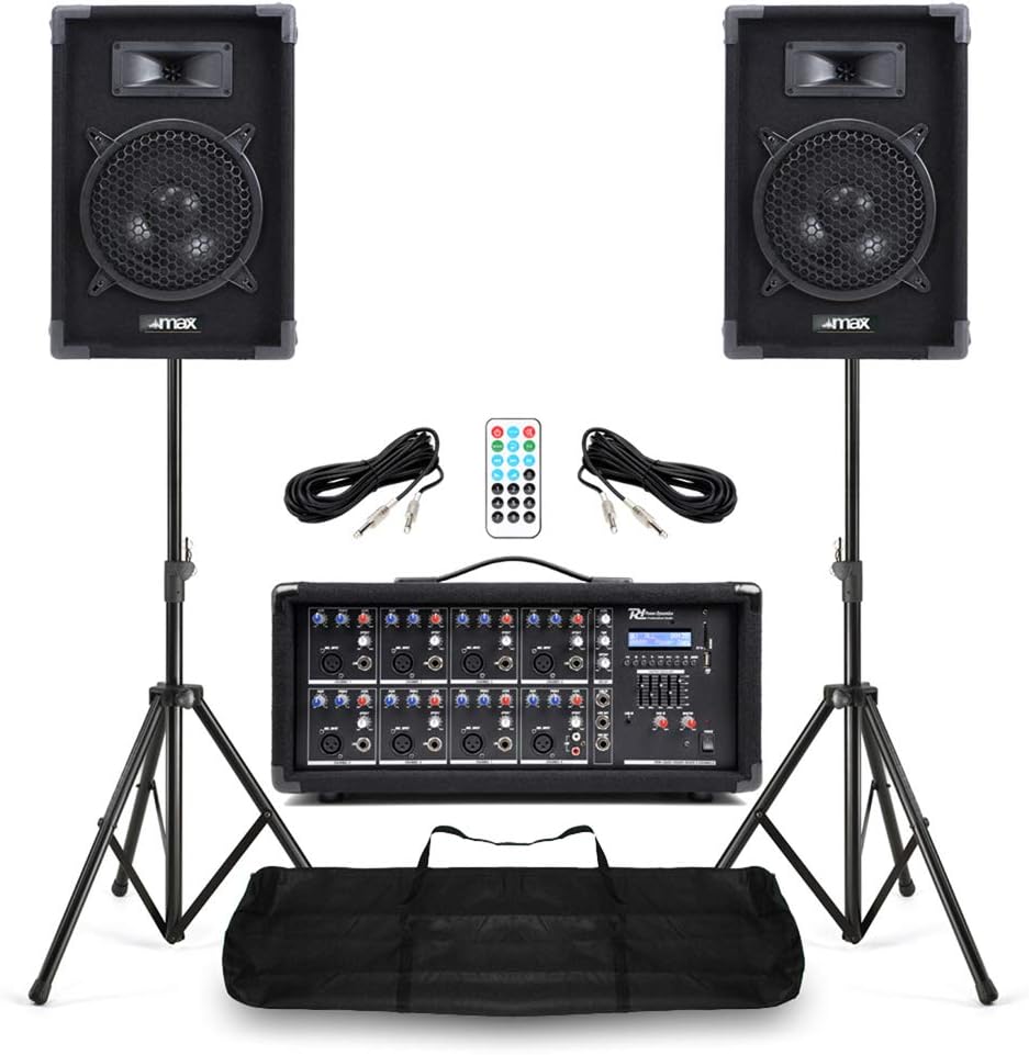 Complete Compact PA System for Small Band - MAX 8" Speakers, Stands, 8 Channel Bluetooth Mixer Amplifier - Portable and Powerful for Performances