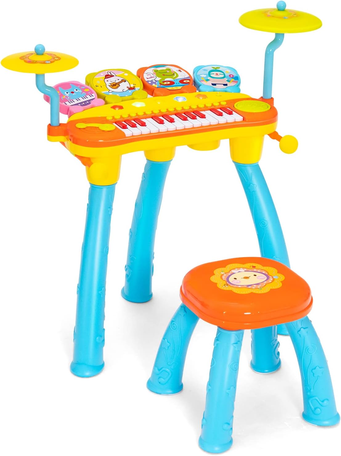 Costzon 24-Key Kids Piano Keyboard Toy, Toddler Electronic Musical Instrument Educational Toy w/Microphone, Multiple Sounds, Record Playback, Lights & Stool, Birthday Gift for Girls Boys Age 3+, Blue