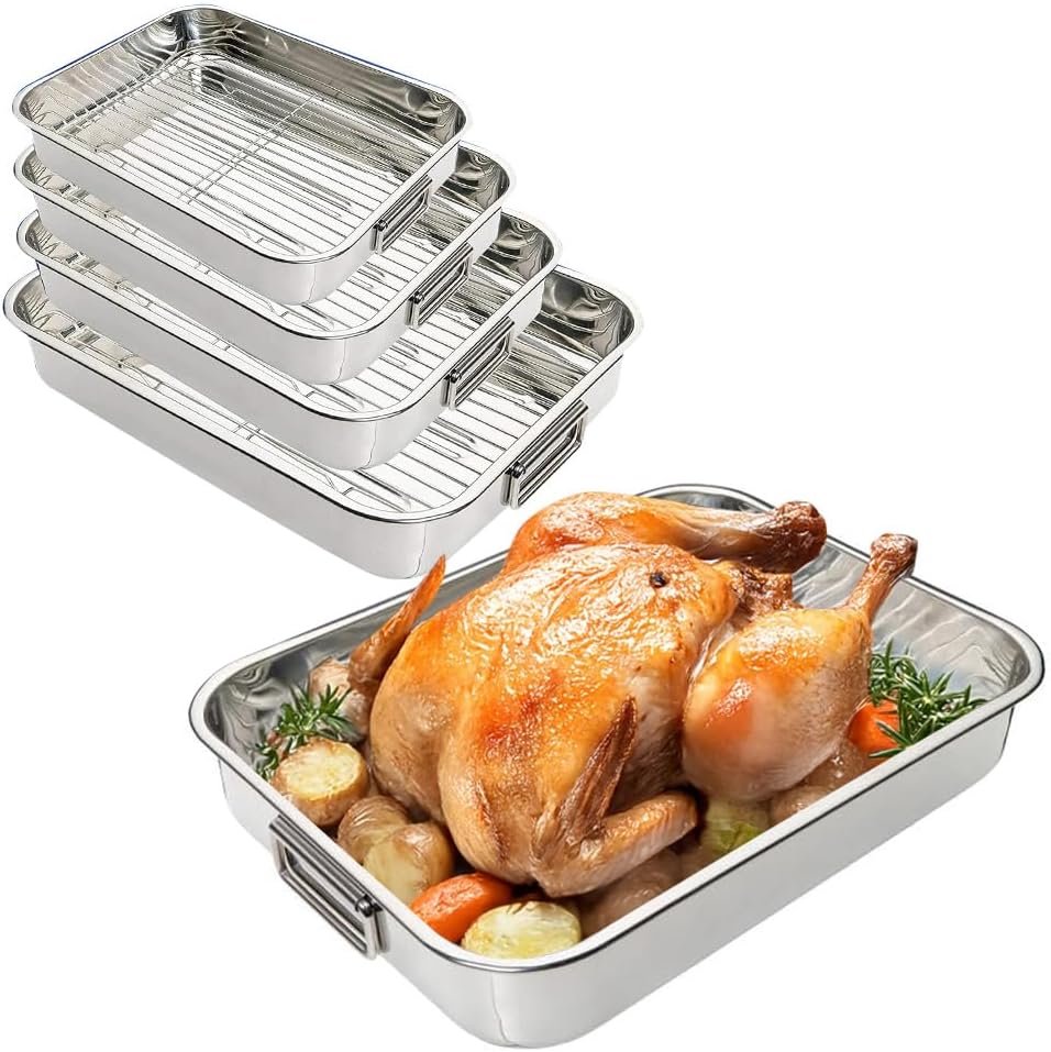 Pack of 4 Roasting Tray Set - Stainless Steel Oven Pan Dish Baking Roaster Tin Grill with Rack | 4 Different Sizes | Removeable Racks Kitchen Cookware Roaster - Deep, Rust Proof, Easy Clean, Silver