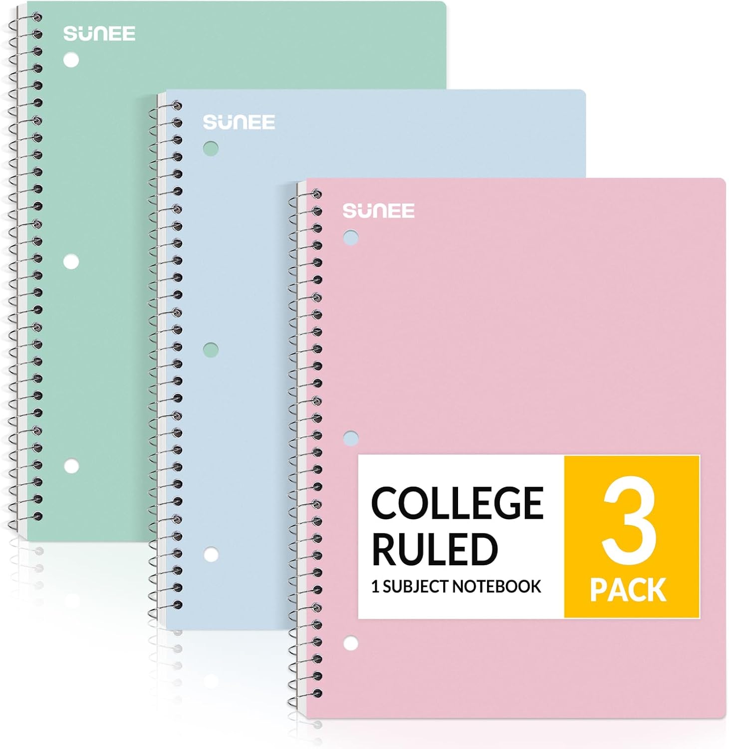 SUNEE Spiral Notebooks, 3 Pack, 1-Subject, College Ruled Paper, 8" x 10-1/2", 70 Sheets per Notebook, Assorted Pastel Colors Spiral Notebooks for School