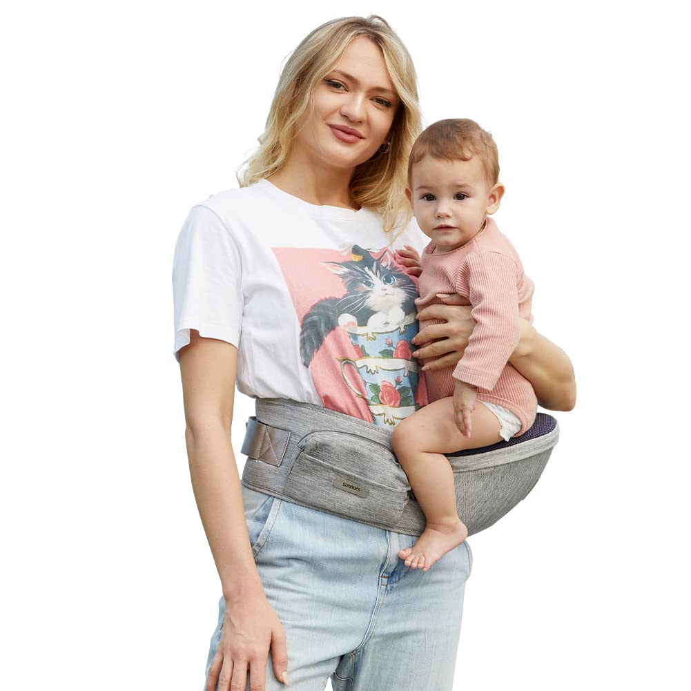 Baby Carrier with Adjustable Strap and Pocket, Ergonomic Hip Holder for Newborns & Toddlers (Light Grey)