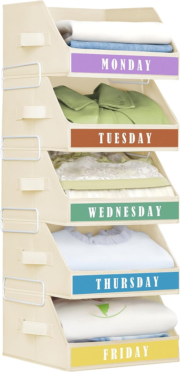 Closet Organizers and Storage - 5 Tier Storage Drawer wiht Weekly Labels, Stackable Storage Baskets with Frame, Foldable Closet Organizer System for Wardrobe, Beige