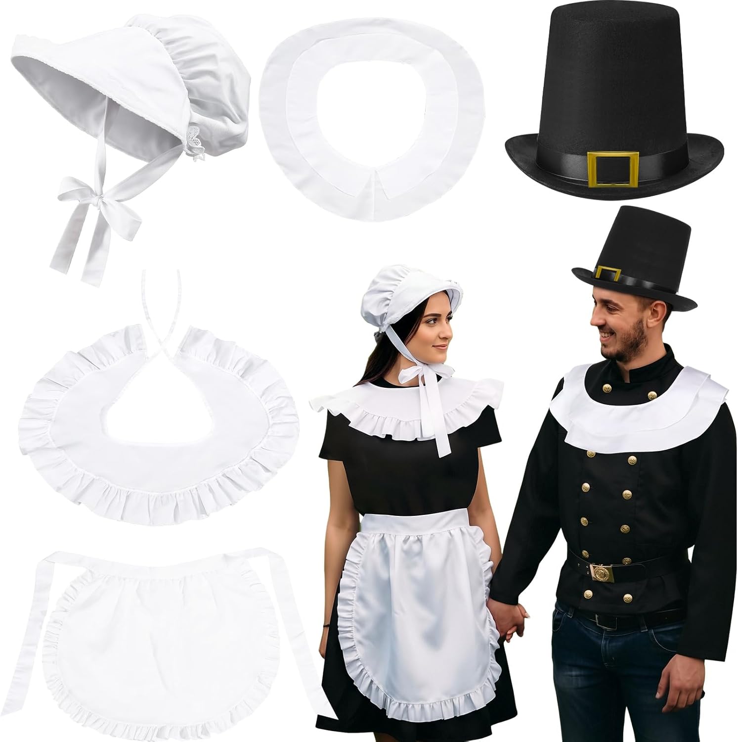 5 Pcs Halloween Couple Costume Pilgrim Costume Women Colonial Set White Bonnet Shawl Apron and Men Pilgrim Set Hat in Black Color Shawl for Halloween Cosplay Adults Dress up Accessories