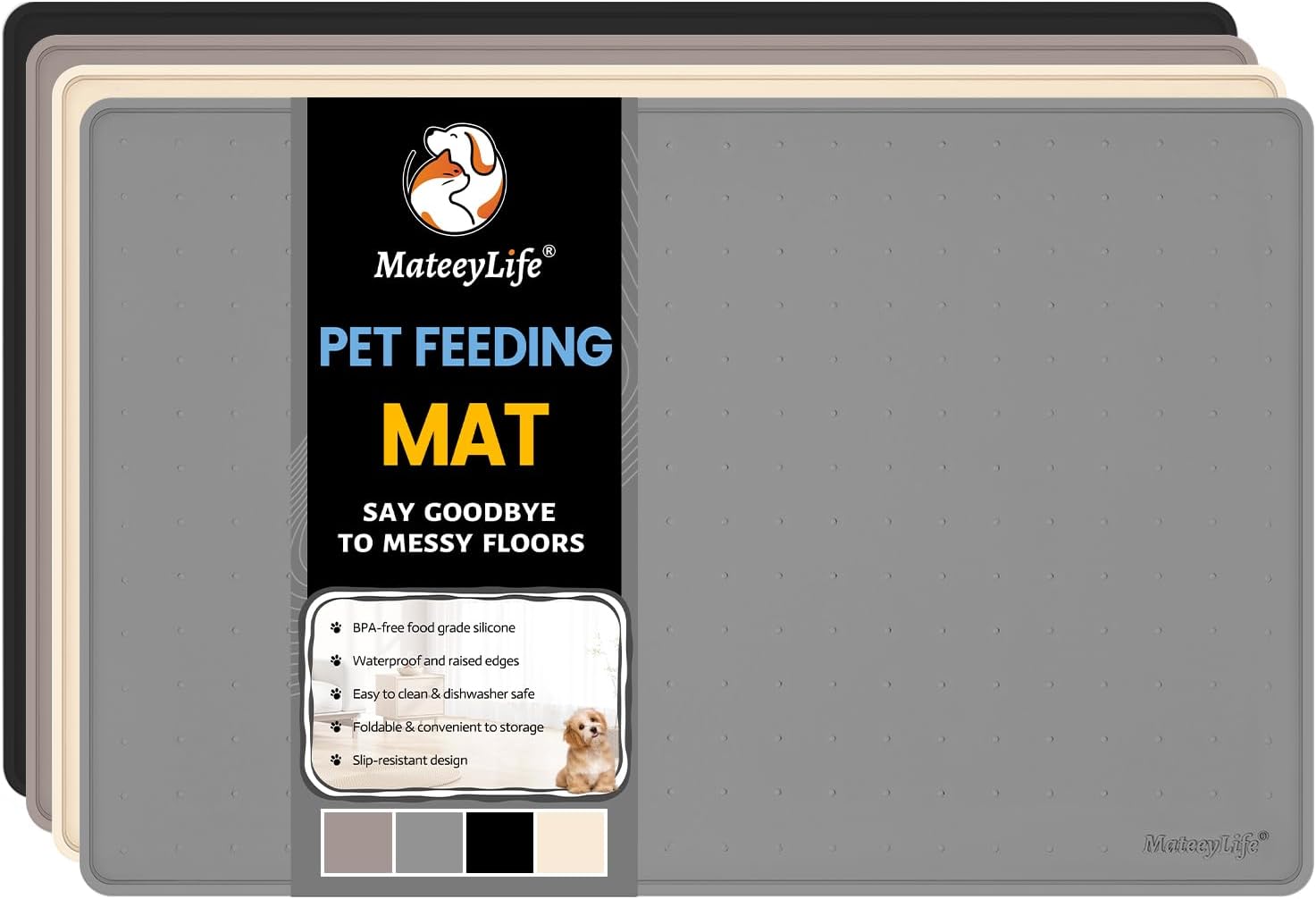 MateeyLife Dog & Cat Food Mat for Floors Waterproof, Nonslip Bowl Mats for Food and Water, Dog Feeding Mats with Raised Edges, Silicone Dog Water Matt Tray for Messy Drinkers, 18"x12", Grey