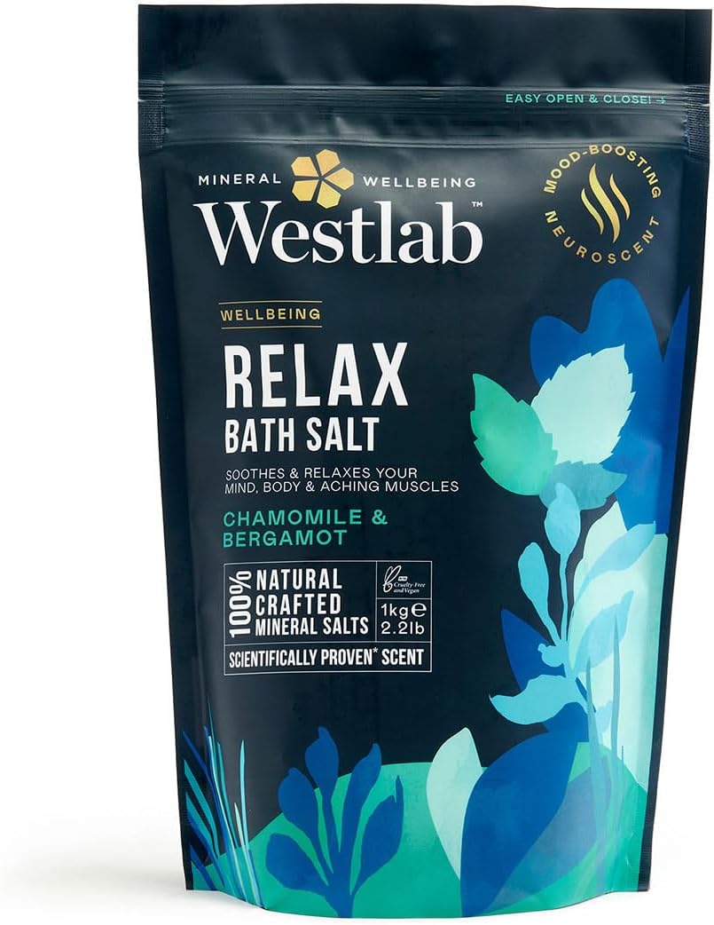 Westlab Magnesium Relax Bath Salts 1kg - Ease Stress & Tension from Mind and Body. Scientifically-Proven to Restore Inner Peace. Mood-Boosting Neuroscent. 100% Natural, Chamomile & Bergamot.