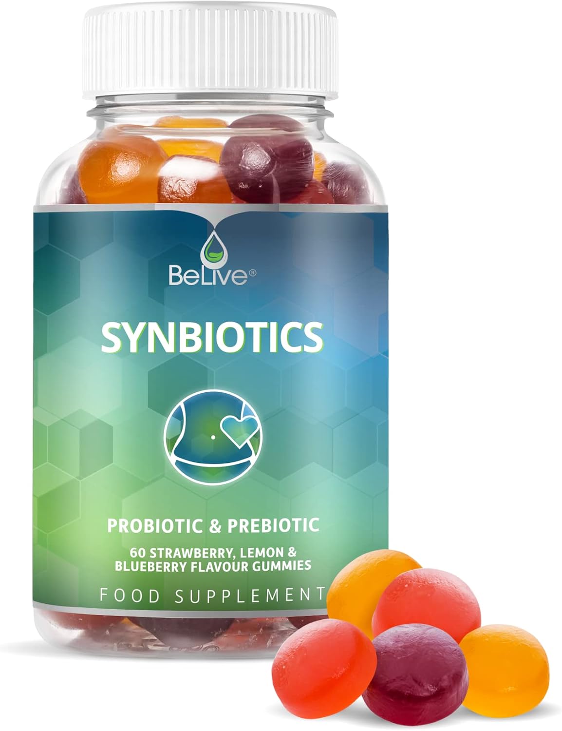 Probiotic + Prebiotic Fiber Gummies Sweetened with Stevia and Tapioca - Suitable for Kids & Adults, for Better Gut Health, High Potent Probiotics & Fiber - 60 Strawberry, Lemon, Blueberry Gummy
