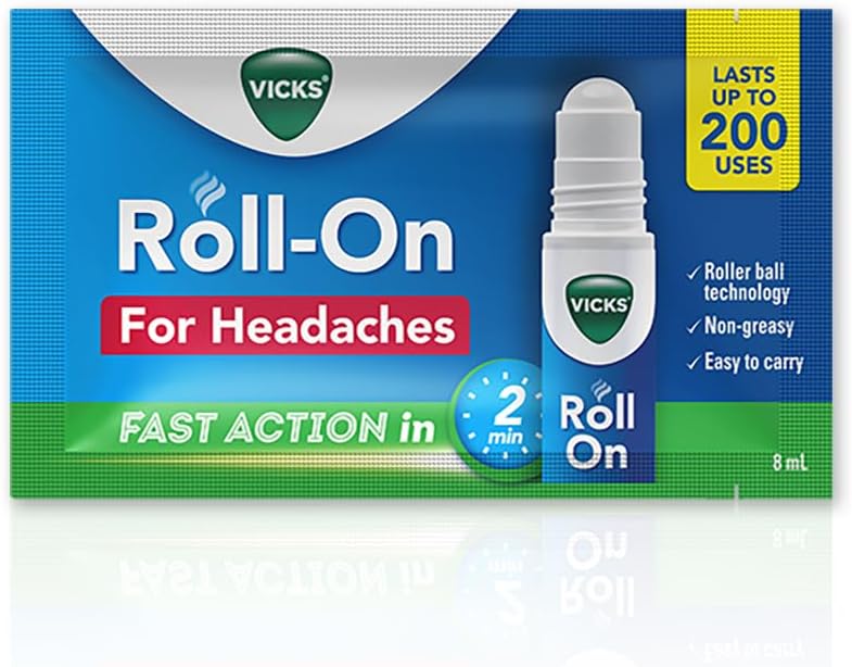 Vicks Headache Relief Roll-On, 2s Pack, Fast Action in 2 Minutes, with Menthol & Camphor