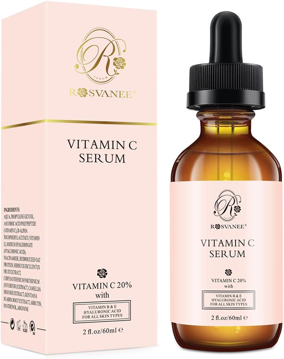 ROSVANEE Vitamin C Serum for Face and Eyes 60ml - Pure Facial Brightening Serum with 20% Vitamin C, Hyaluronic Acid, Vitamin B & E for Anti-Aging, Acne, Wrinkle, Dark Spots and Sun Damage