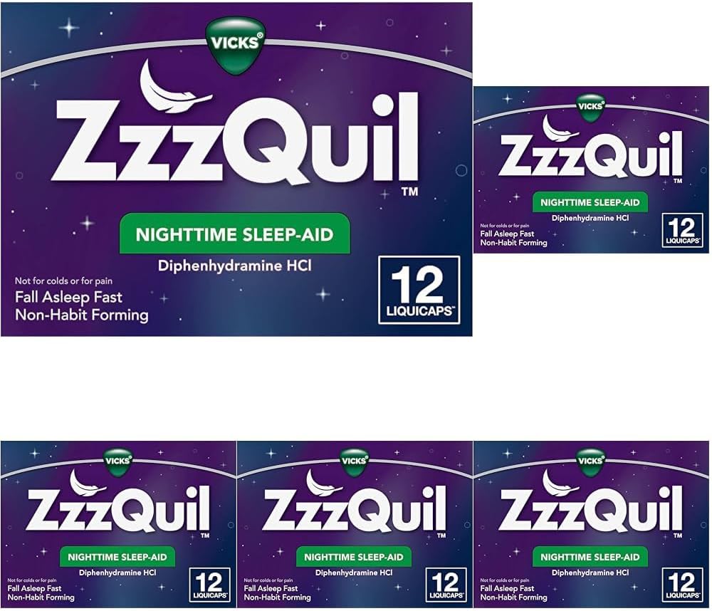ZzzQuil, Nighttime Sleep Aid LiquiCaps, 25 mg Diphenhydramine HCl, No.1 Sleep-Aid Brand, Non-Habit Forming, Fall Asleep Fast, 12 Count (Pack of 5)