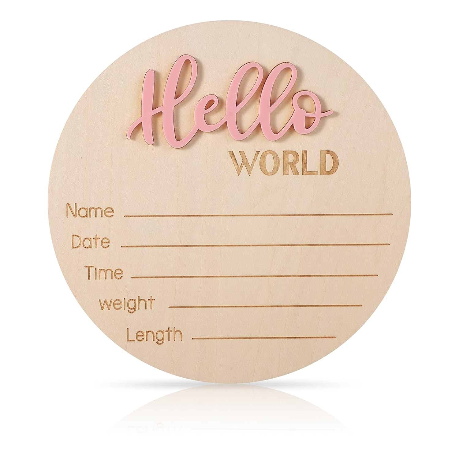 Newborn Announcement Sign, 5.9in Wooden Hello World Baby Welcome Sign Birth Baby Name Plaques for Newborn Boys and Girls Photo Props Shower Hospital Nursery (Light Pink)