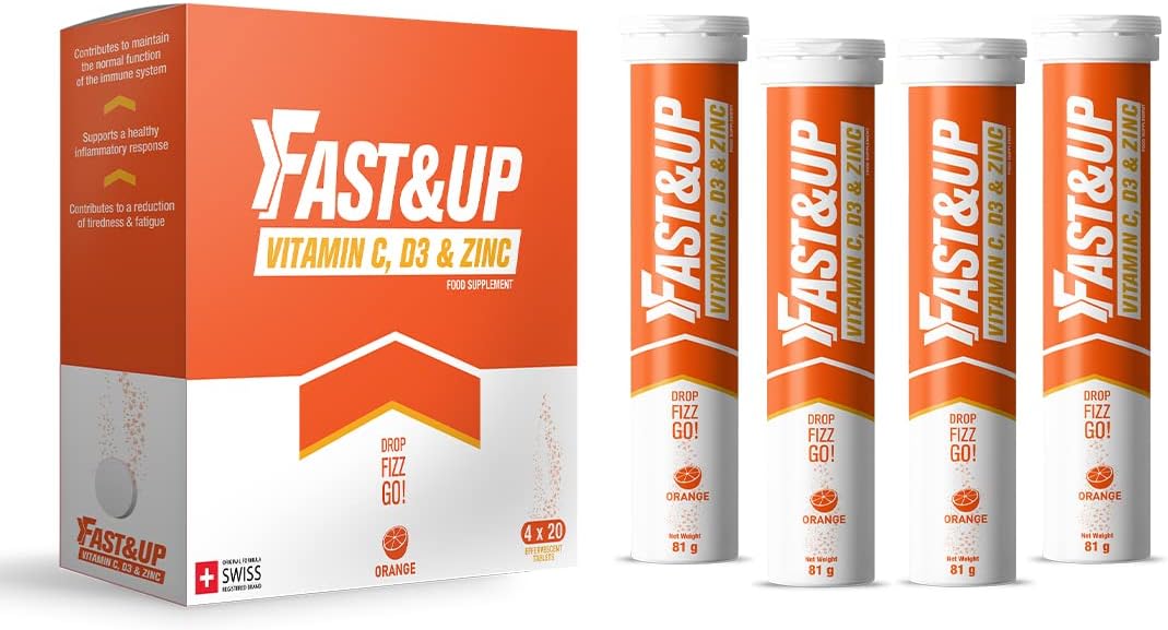 Fast&Up Vitamin C, Vitamin D & Zinc - 80 Effervescent Tablets (4 X 20) - Saver Multipack - Complete Immunity Booster - One Daily - Orange Flavour