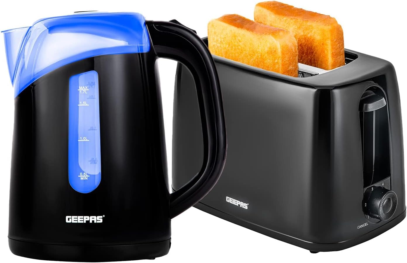 Geepas 650W 2 Slice Bread Toaster & 2200W Illuminating Electric Kettle Combo Set - 1.7L Cordless Jug Kettle for Hot Water Tea, Toaster with 6 Level Browning Control, Cancel - 2 Year Warranty Black
