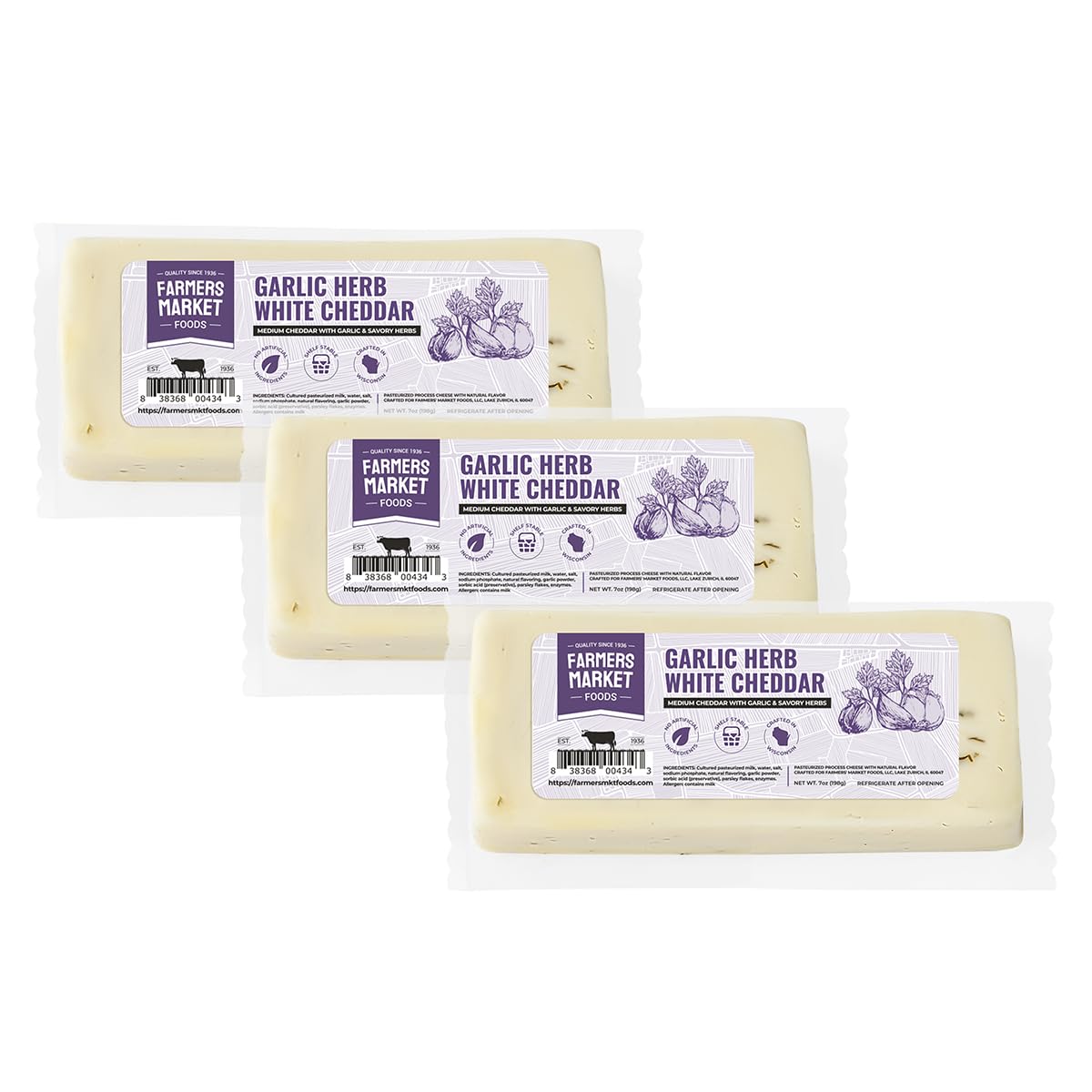 Farmers' Market Garlic Herb White Cheddar Cheese Block 7oz, Shelf Stable, Locally Sourced Wisconsin Cheese, All Natural Cheese Snack, Perfect for Slicing and Shredding, 3-Pack