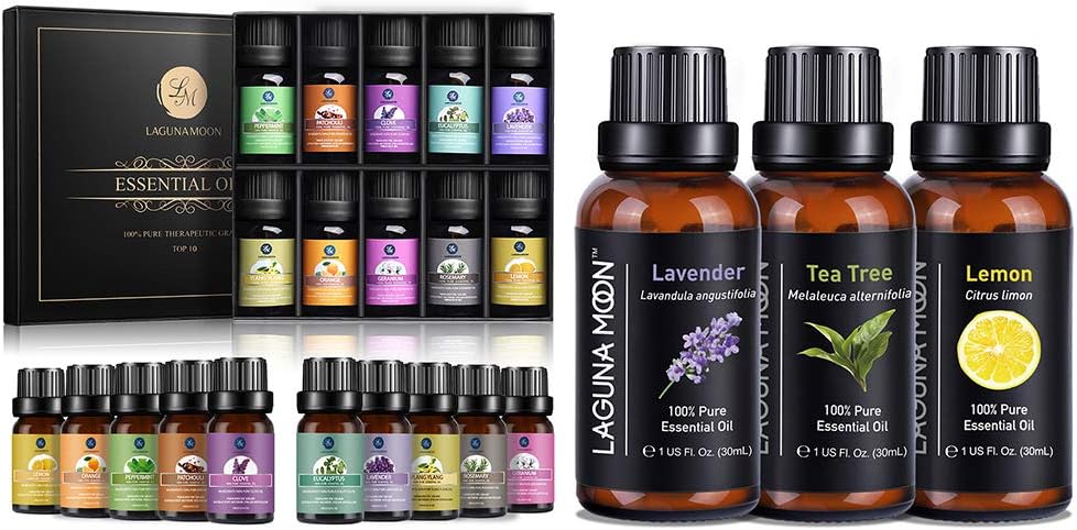 Lagunamoon Essential Oils Top 10 Gift Set, Top 3 Essential Oils Set for Humidifier, Massage, Aromatherapy, Skin & Hair Care